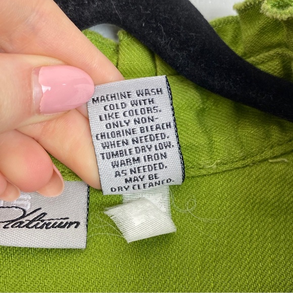 Chico’s Platinum Green Denim Jacket Ruffle Trim Silver Hardware Size 2 - Picture 7 of 7